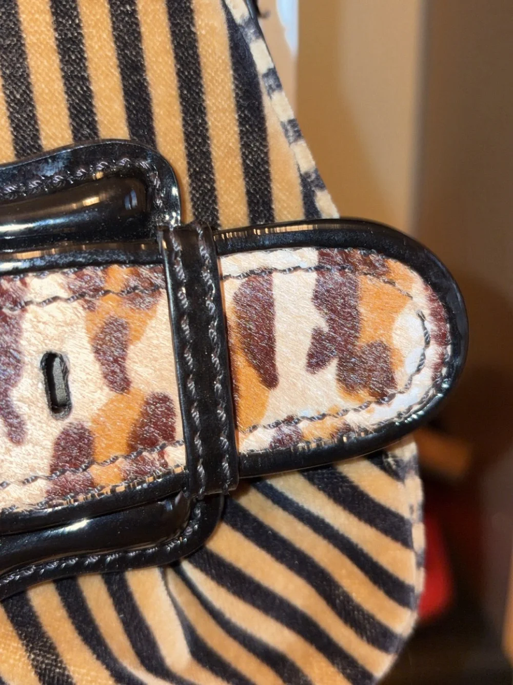 FENDI Striped Velvet B Bis Baguette Leopard Calf Hair, Black Patent Leather rare