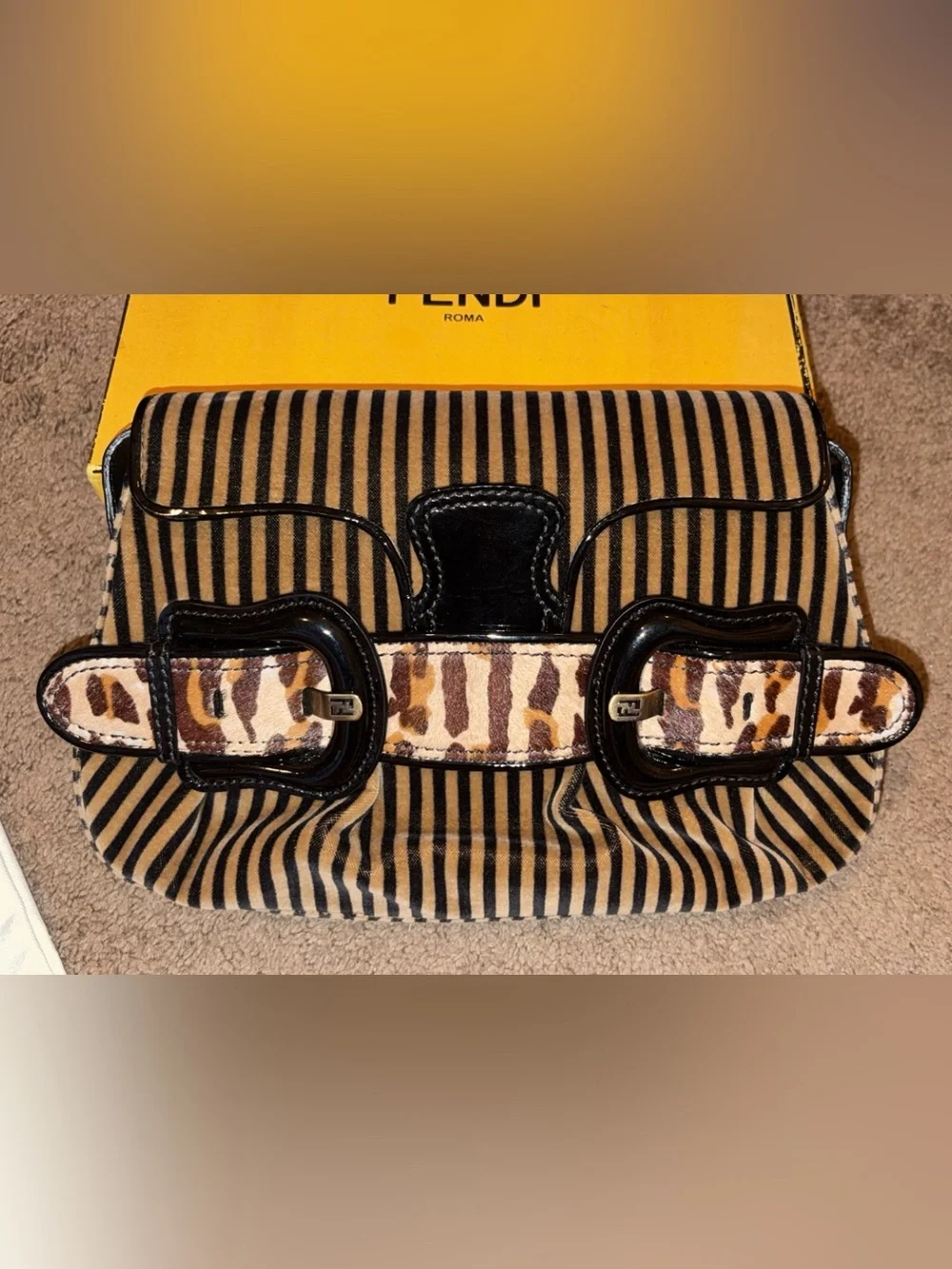 FENDI Striped Velvet B Bis Baguette Leopard Calf Hair, Black Patent Leather rare