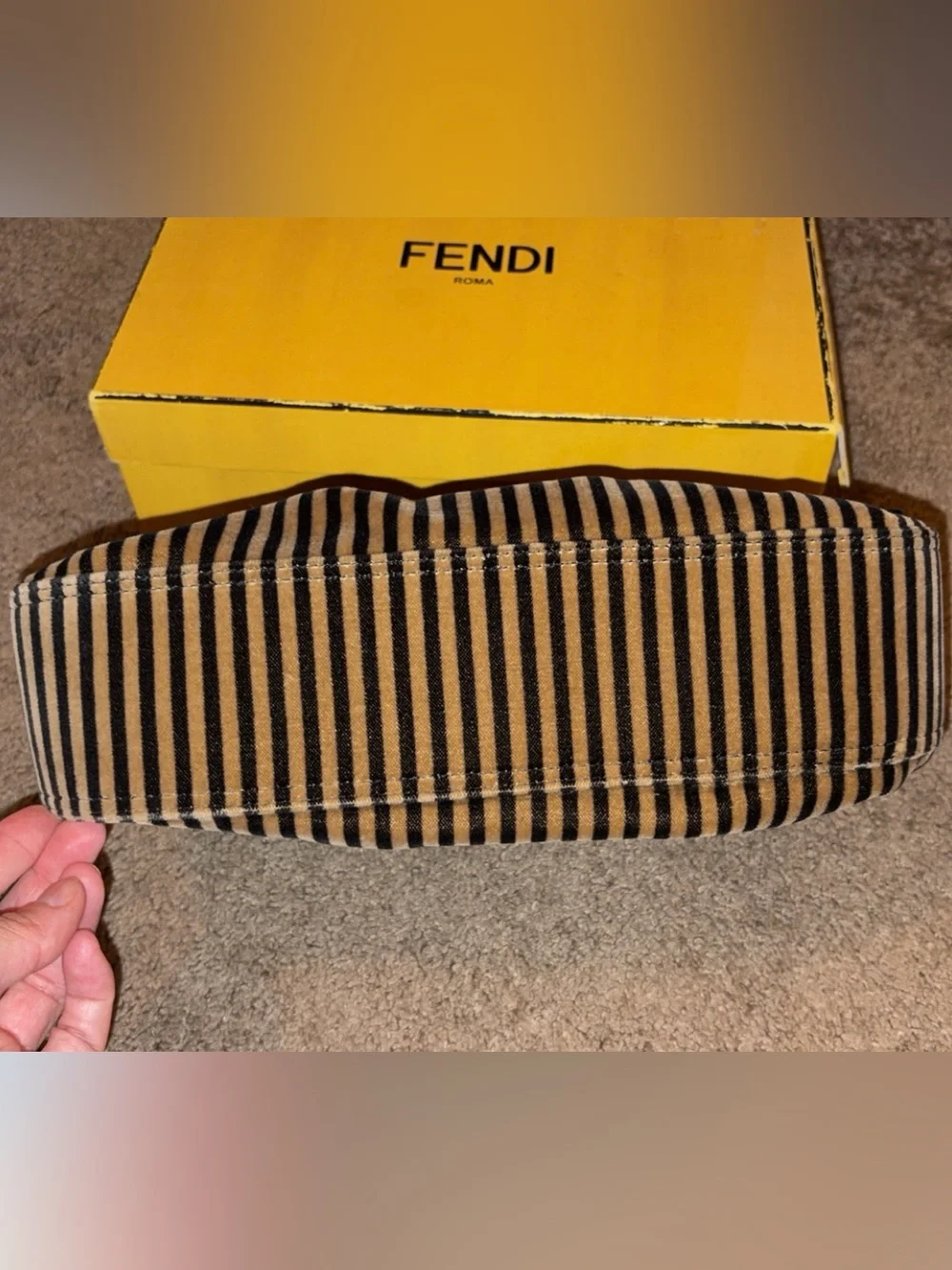 FENDI Striped Velvet B Bis Baguette Leopard Calf Hair, Black Patent Leather rare