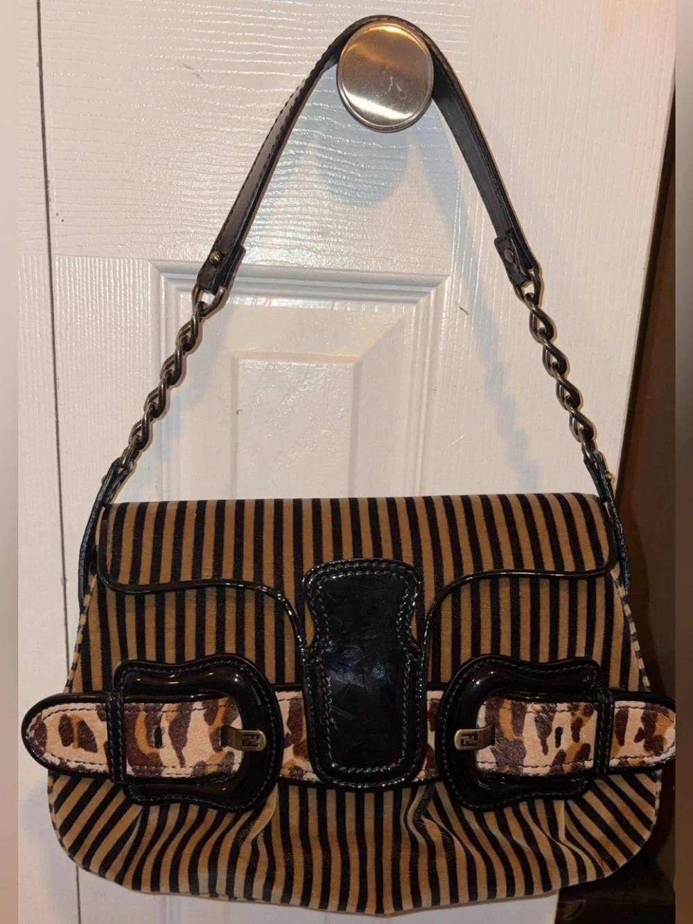FENDI Striped Velvet B Bis Baguette Leopard Calf Hair, Black Patent Leather rare