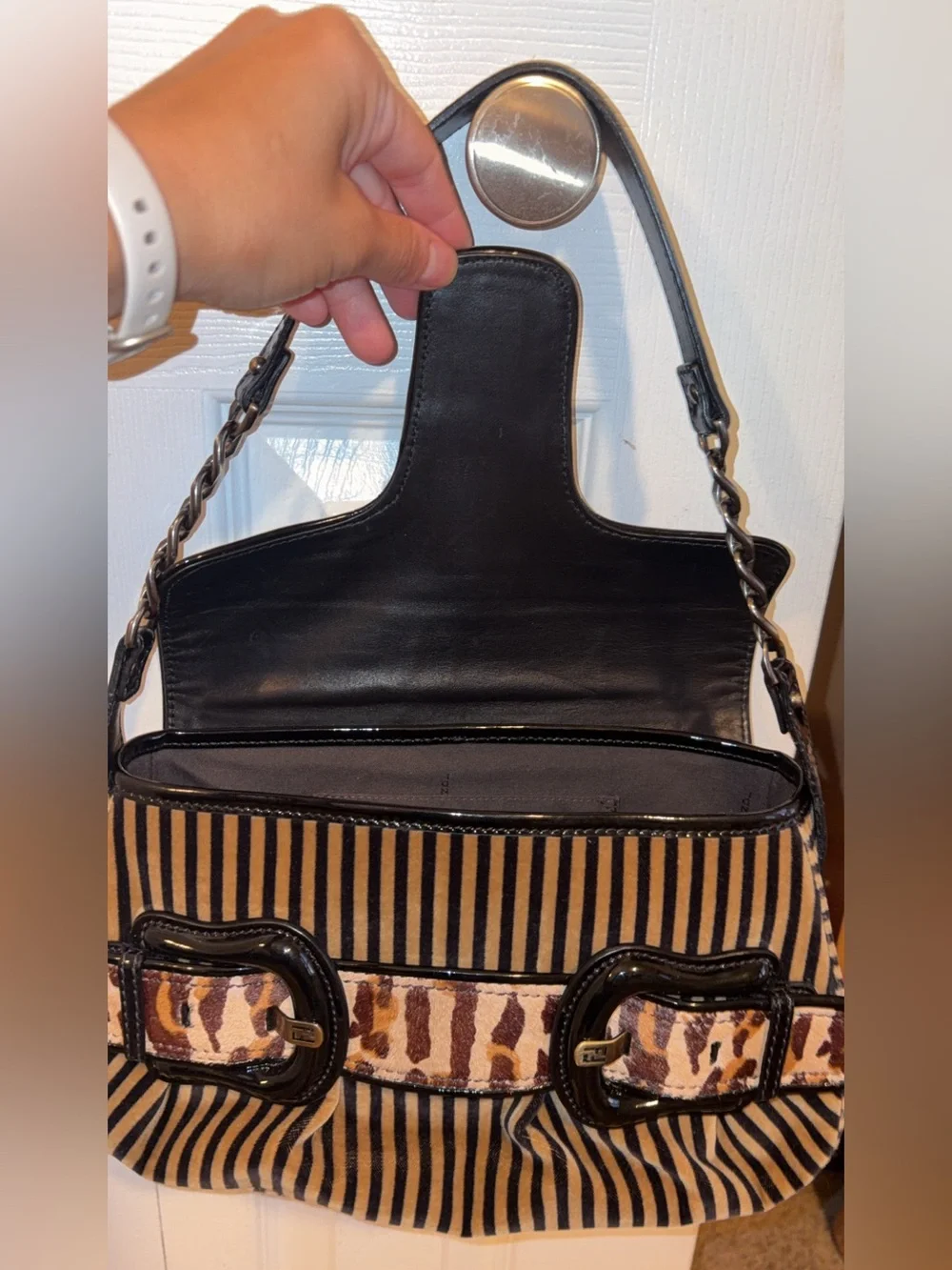 FENDI Striped Velvet B Bis Baguette Leopard Calf Hair, Black Patent Leather rare