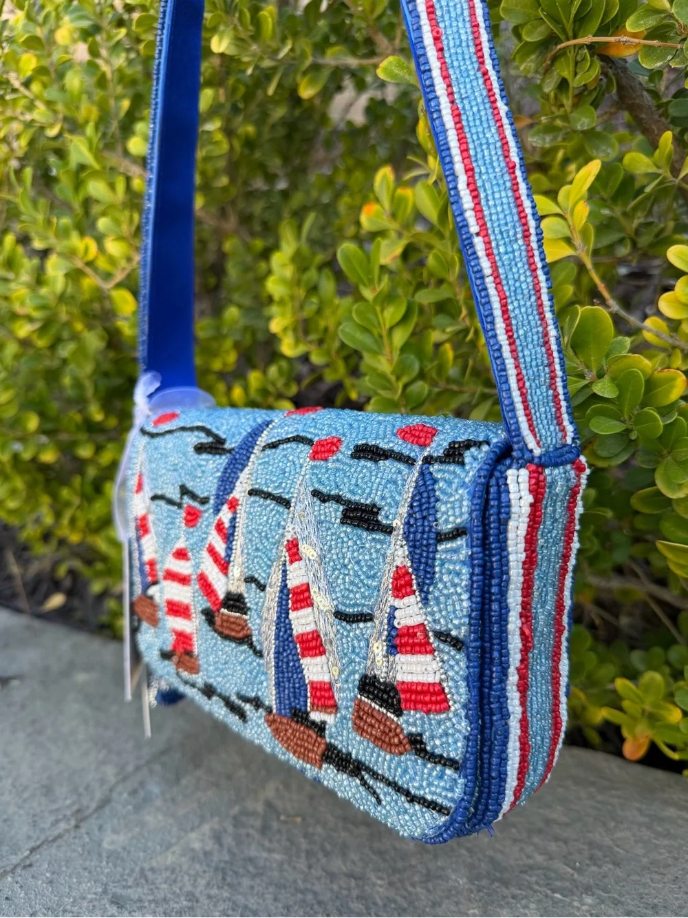 NWT Viral Beaded Shoulder Bag Sailboats Ocean Coastal Nautical Summer Fashion