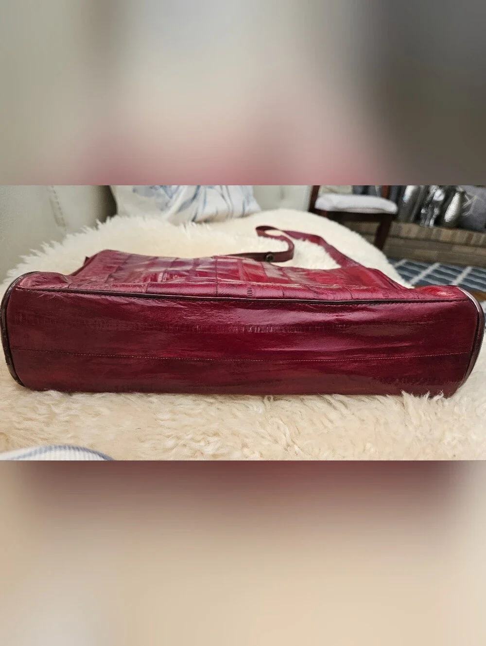 Vintage Genuine Eel Skin Leather Shoulder Bag Clutch Burgundy Oxblood