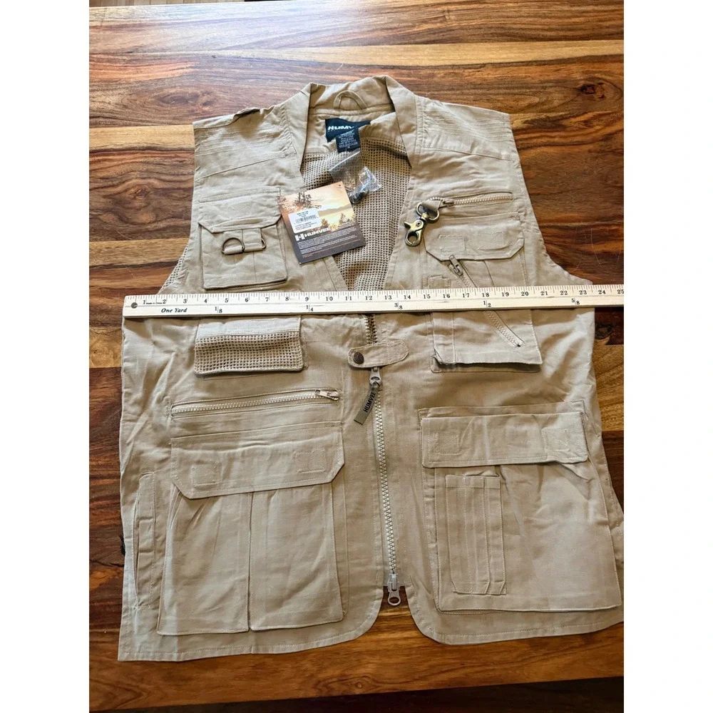 Humvee Mens Safari Photo Vest Khaki Cotton Utility Fishing Multi-Pocket Size M