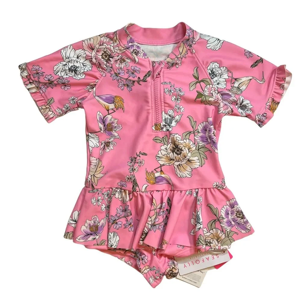 Seafolly Pink Floral Short Sleeve Boyleg Tank‎ Size 2