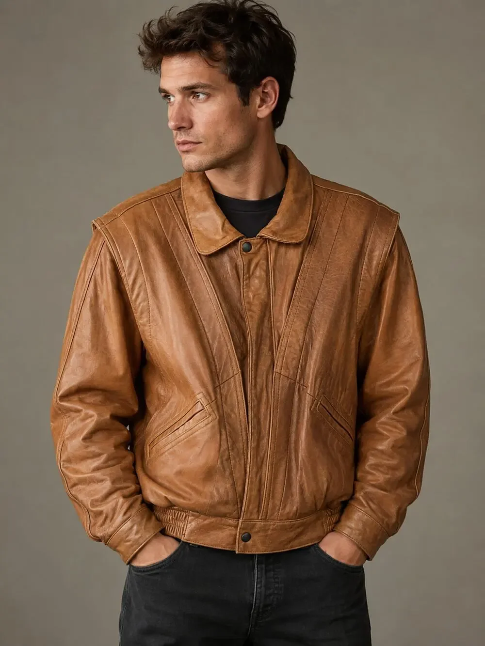 CACCIA Men's SZ M Vintage Camel Color Buttery Soft Leather Bomber Jacket 80's
