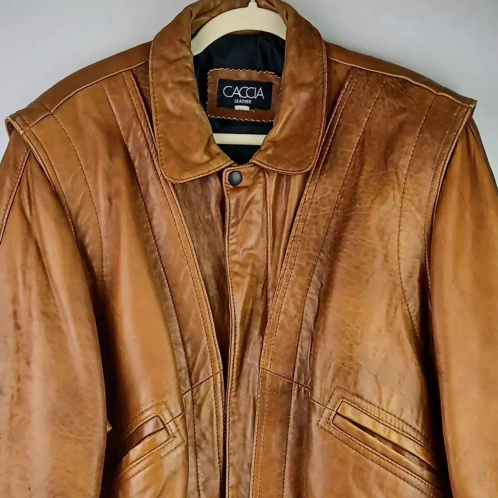 CACCIA Men's SZ M Vintage Camel Color Buttery Soft Leather Bomber Jacket 80's