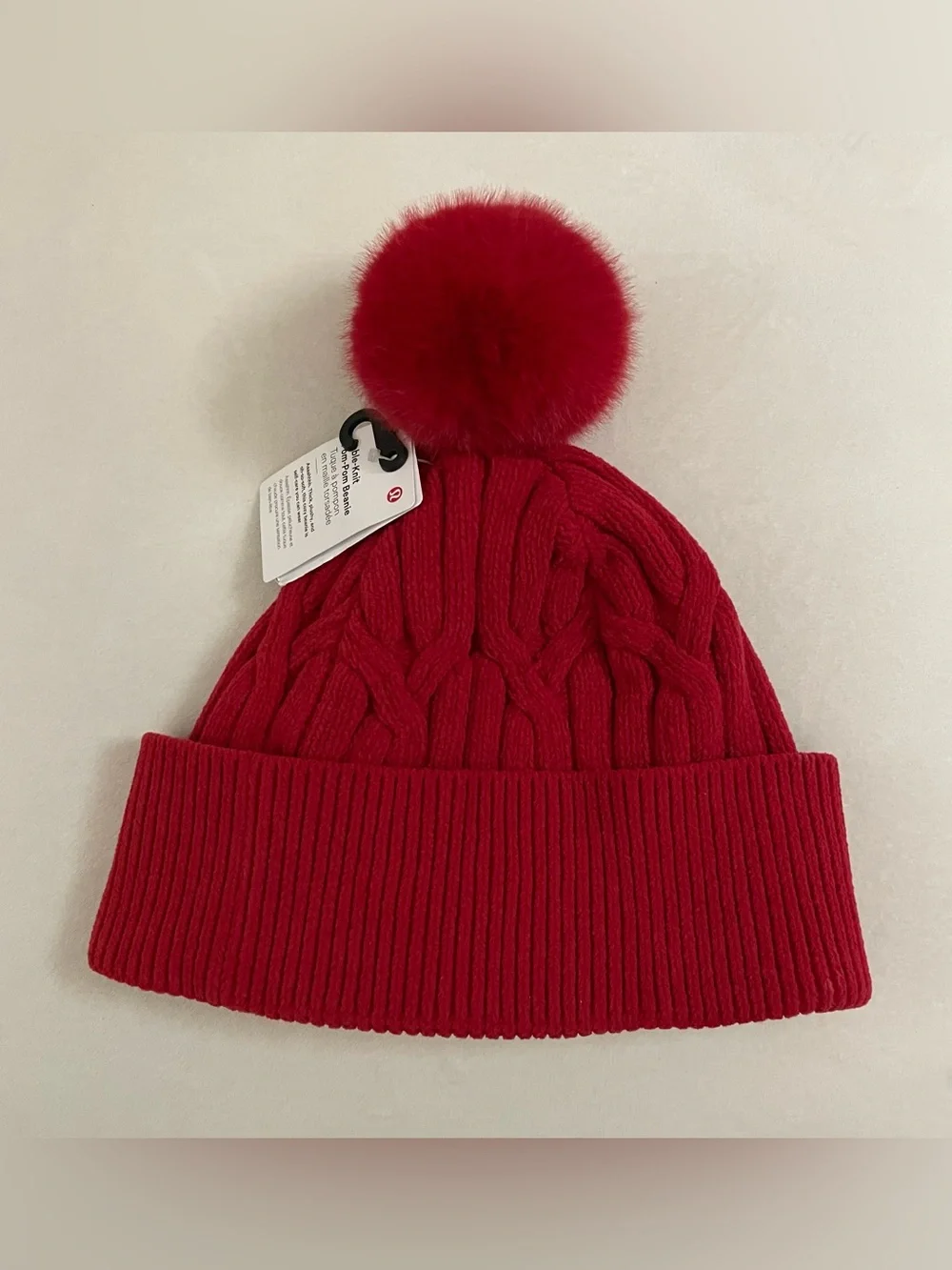 Lululemon NWT Cable Knit Red Pom-Pom Beanie dark red