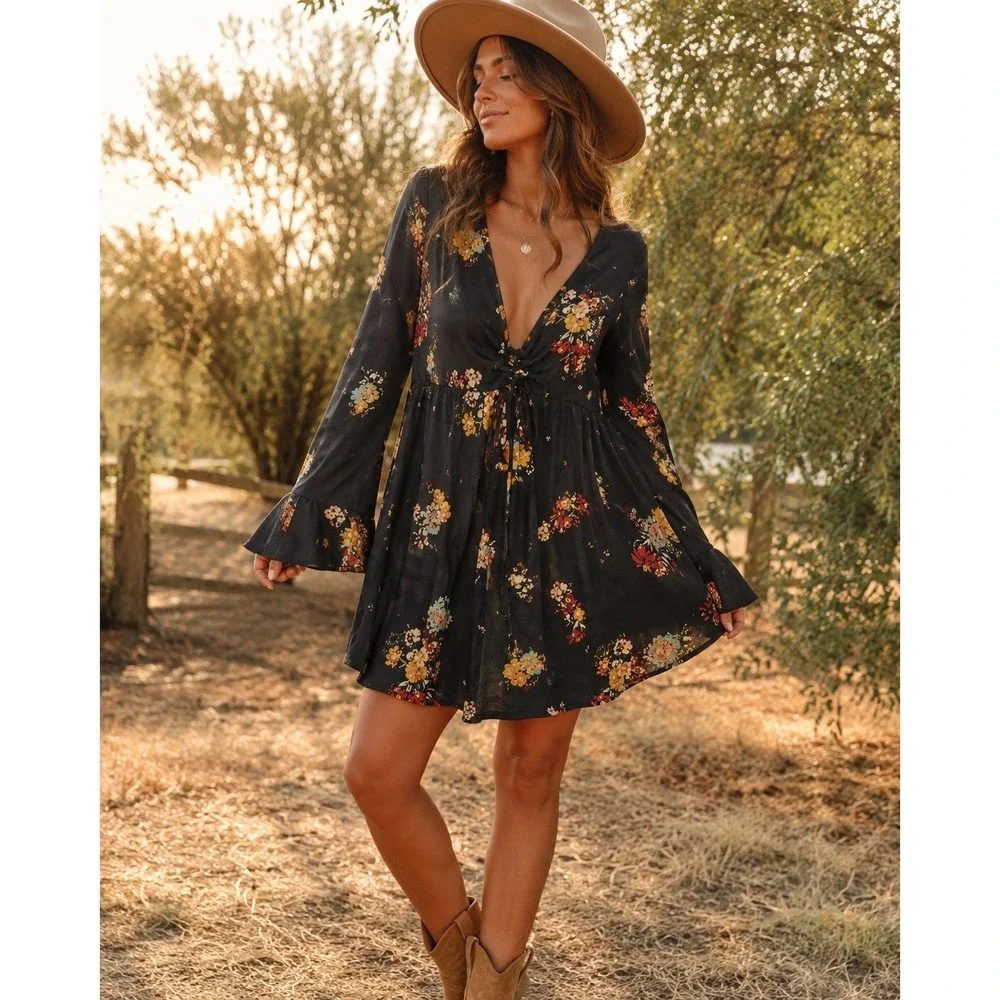 Free People Floral Mini Dress S Black Boho Romantic Whimsigoth Witchy Festival