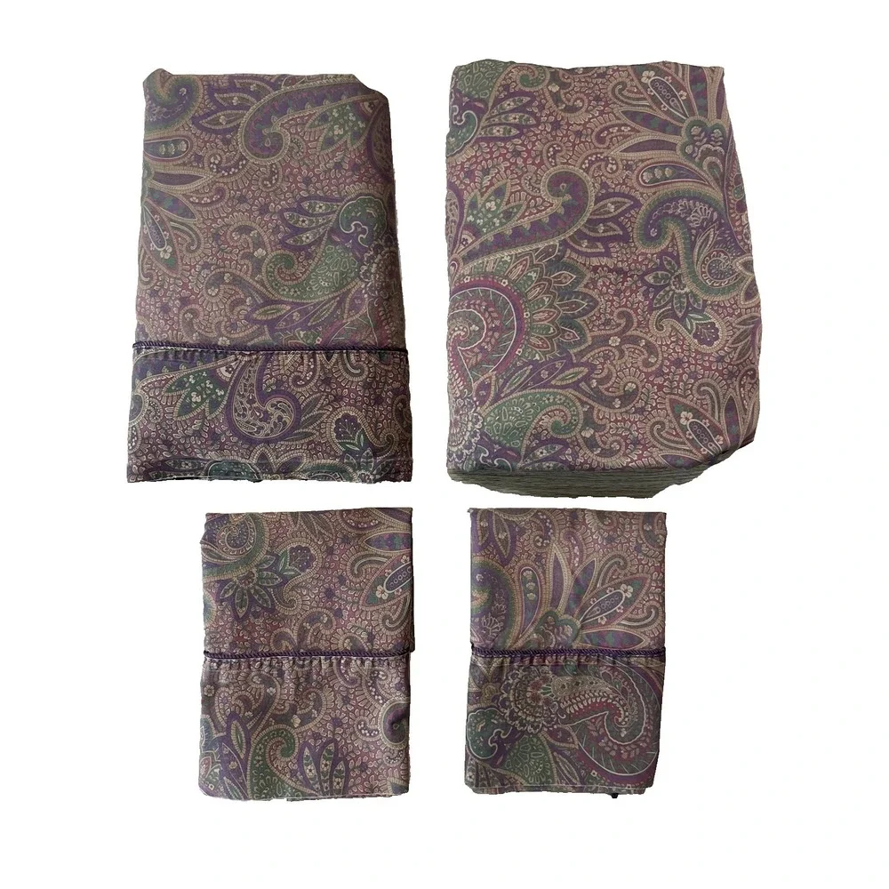 Vtg 4 Pc Ralph Lauren New Bohemian Paisley Purple QUEEN Sheet  Flat Fitted Cases