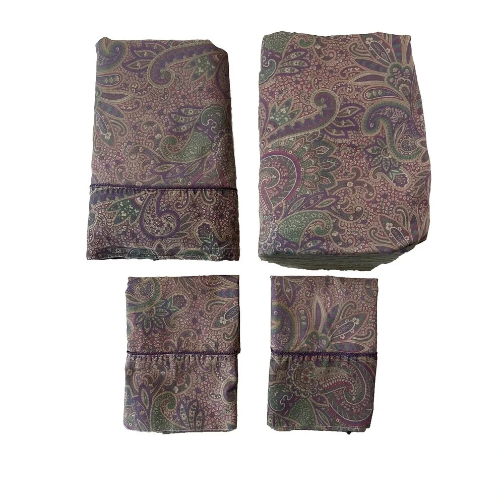 Vtg 4 Pc Ralph Lauren New Bohemian Paisley Purple QUEEN Sheet  Flat Fitted Cases