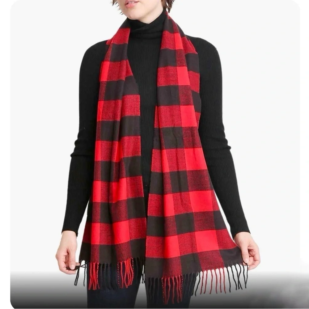NWT Magic Scarf Buffalo Plaid Red Black Check Infinity Wrap Shawl Fringe Classic