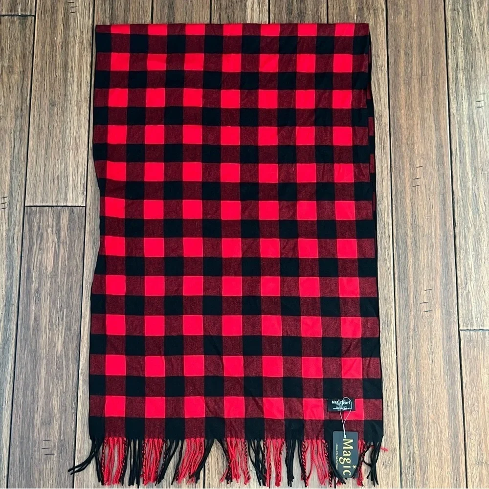NWT Magic Scarf Buffalo Plaid Red Black Check Infinity Wrap Shawl Fringe Classic