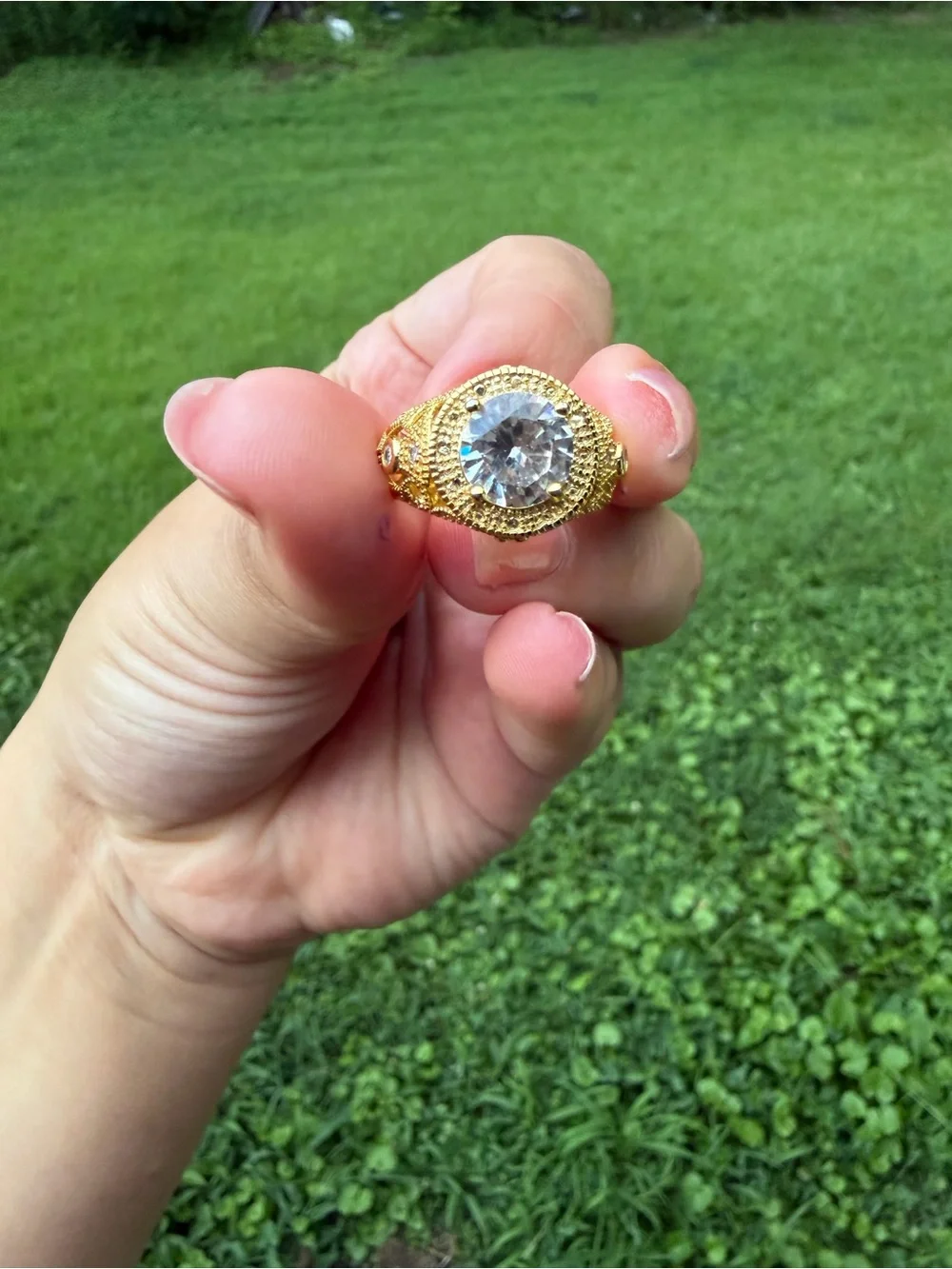 925 Sterling Silver Gold-Tone Ring with Clear Crystal Center
