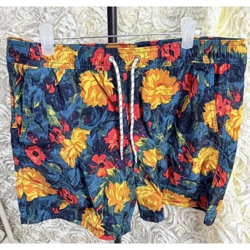 J.Crew Swim Trunks Mens M Floral Print Blue Orange Stretch 6