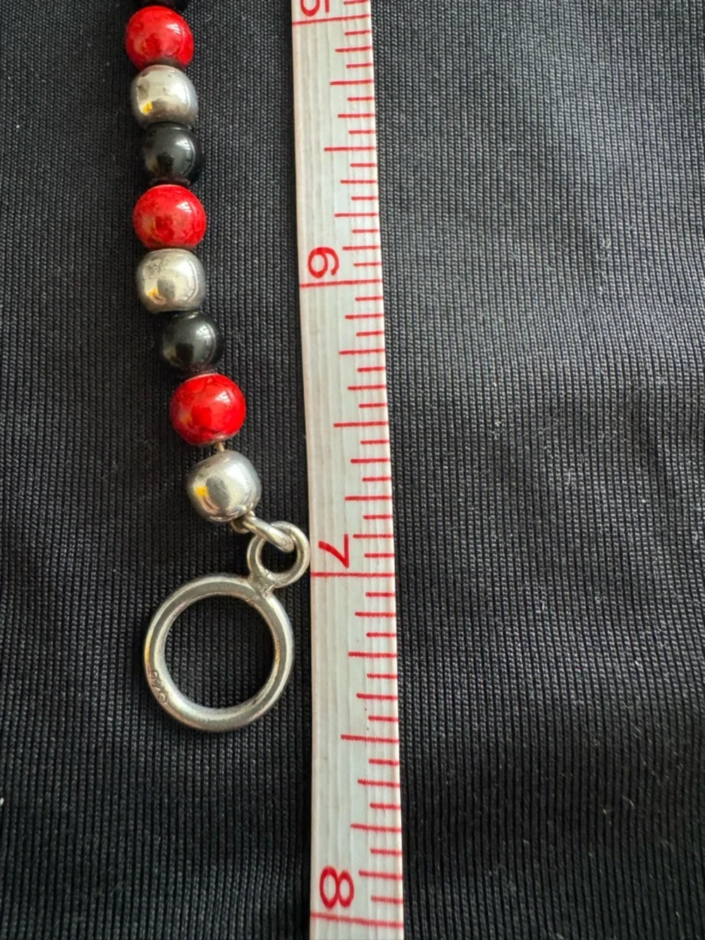 Sterling Silver Red & Black Glass Bead Bracelet Toggle Clasp - 7.5” - Unisex