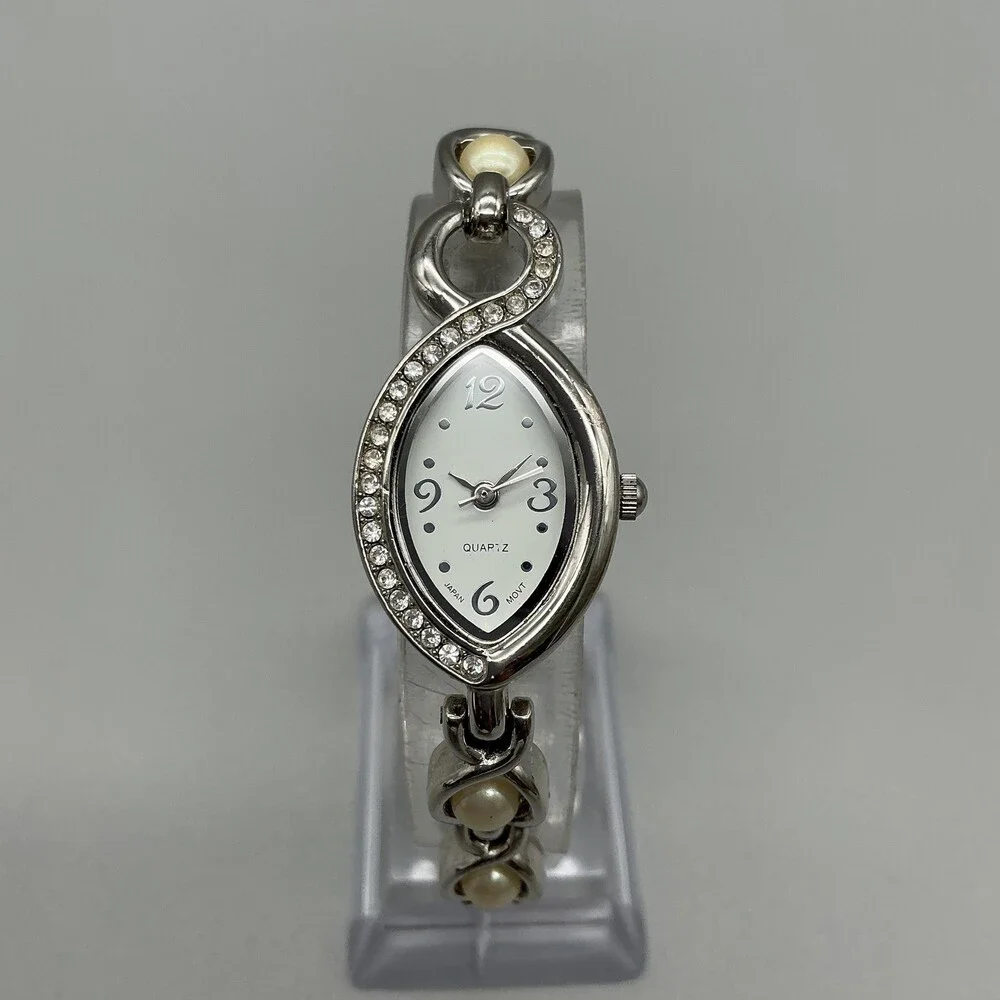 Faux Pearl Band Womens Watch 19mm Oval White Dial Silver Tone New Battery 7.5