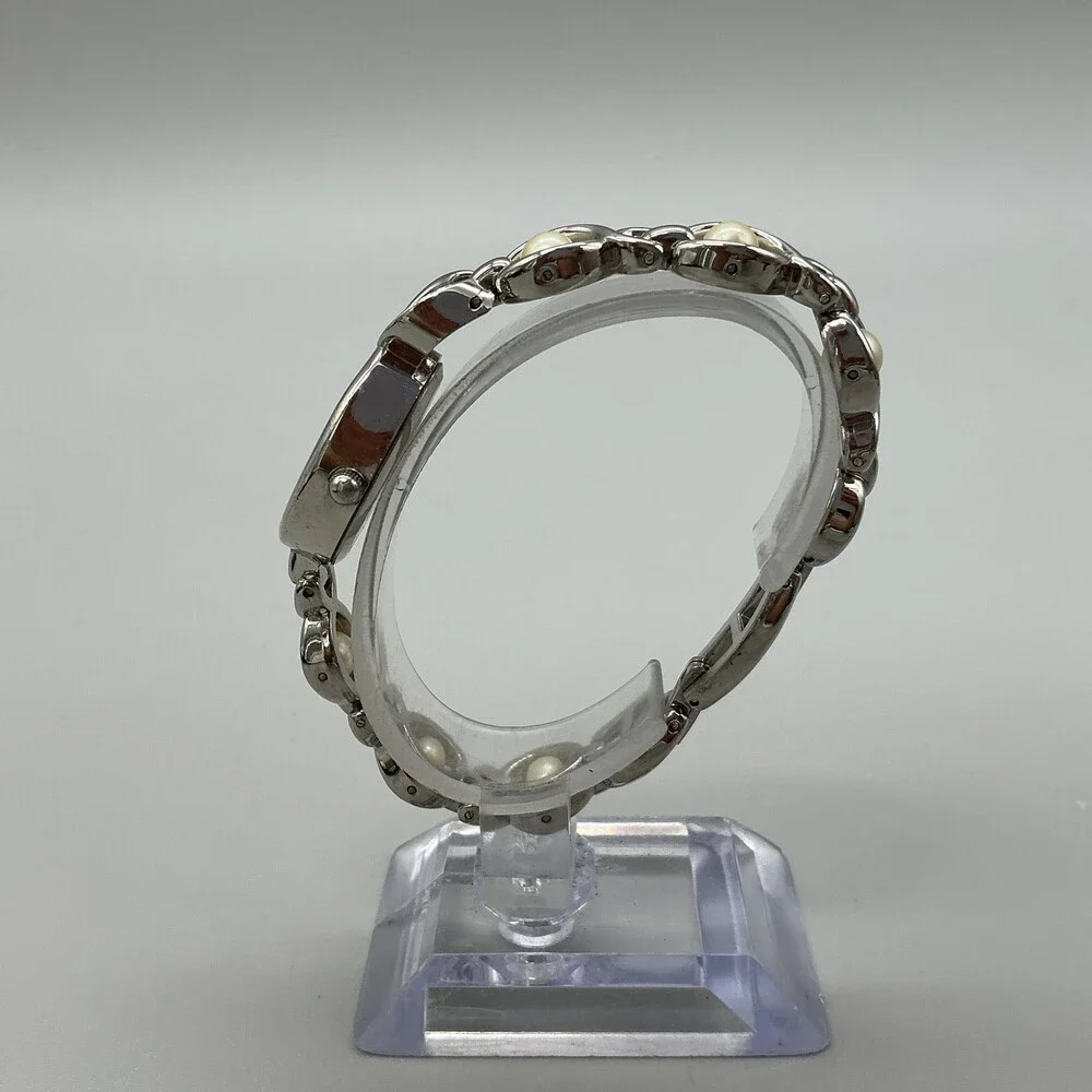 Faux Pearl Band Womens Watch 19mm Oval White Dial Silver Tone New Battery 7.5