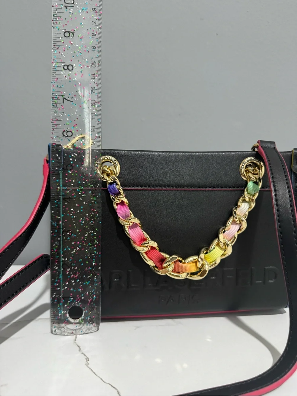 Karl Lagerfeld Black Shoulder Bag with Gold Rainbow-Trim Chain