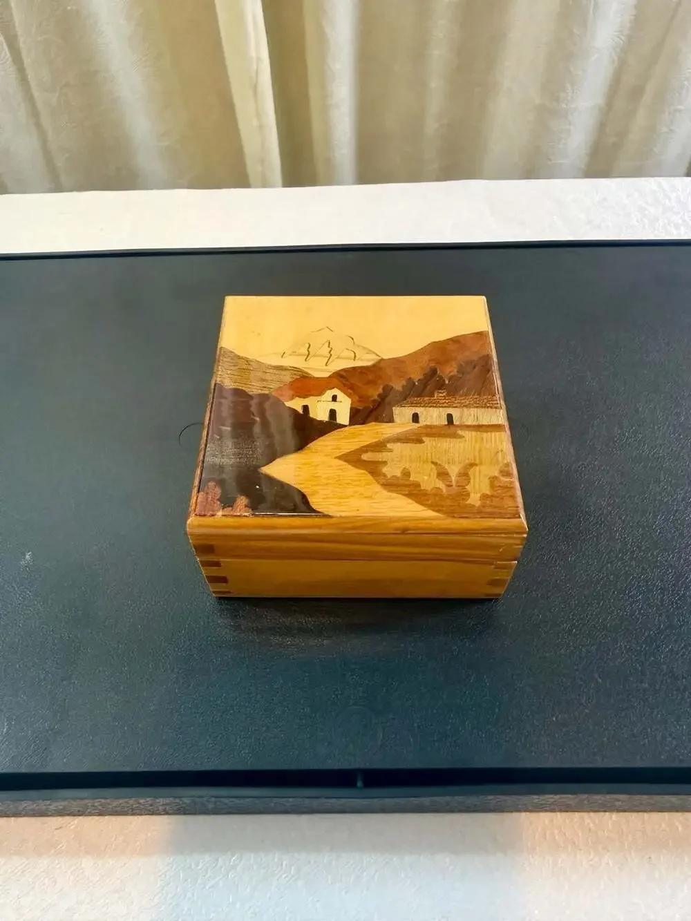 Vintage Handcrafted Wooden Marquetry Jewelry Trinket Box with Landscape Scene