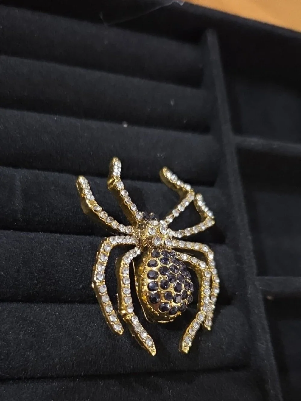 Gold and Black Rhinestone Spider Brooch - Women's Fashion Jewelry