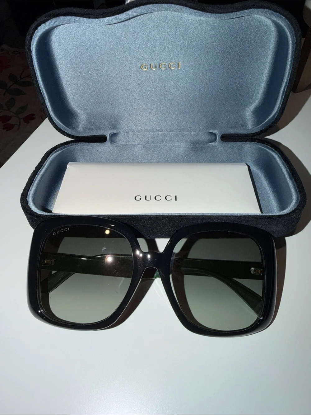 Gucci Women’s Black Frames with Green and Red Stripe Temples Sunglasses