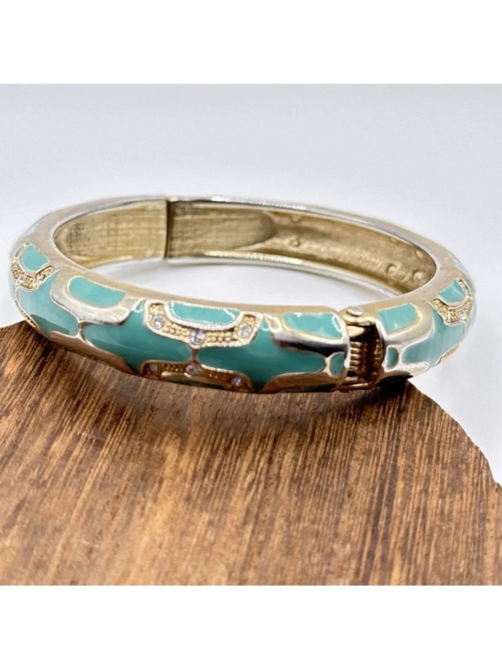 Teal Green Bangle Bracelet Gold Tone Rhinestones Enamel Hinged Clamper 7