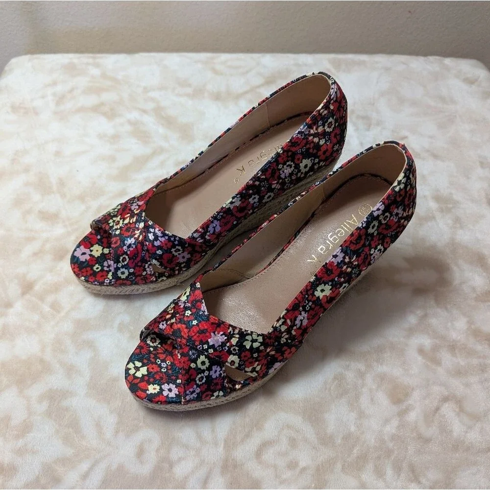 Allegra K Women's Peep Toe Platform Floral Espadrille Wedge Sandals Size 9