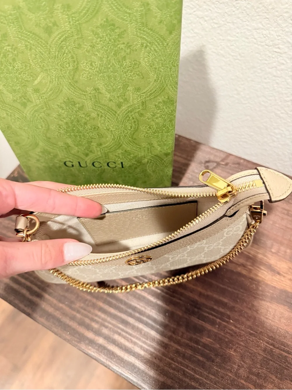 Gucci Beige GG Canvas Shoulder Bag with Gold Chain