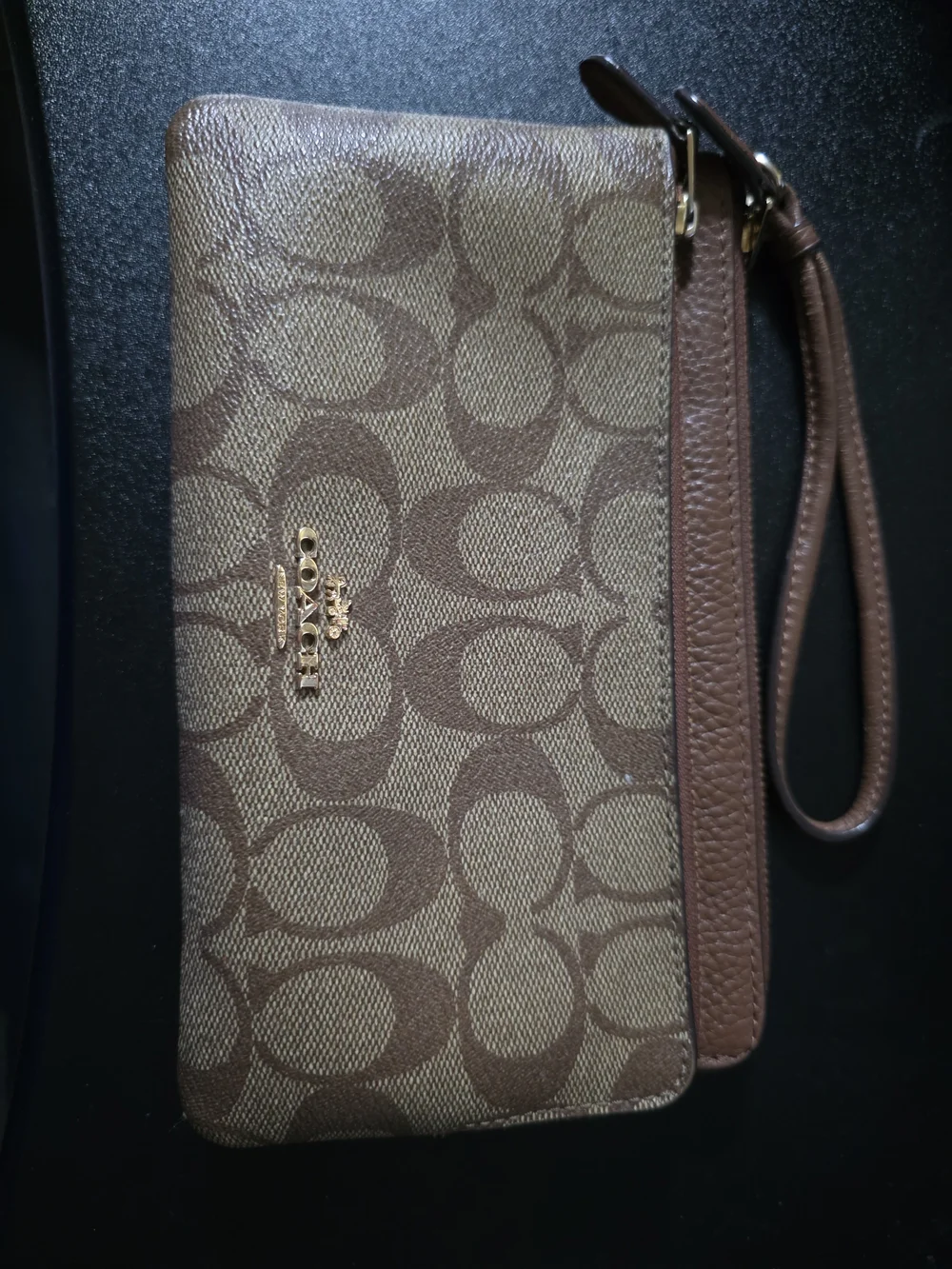 COACH Signature Canvas Wristlet in Brown/Tan Double Zip