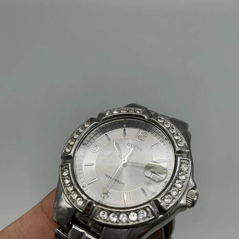 Guess Waterpro Womens Watch 35mm Silver Dial Crystal Bezel New Battery 6.25
