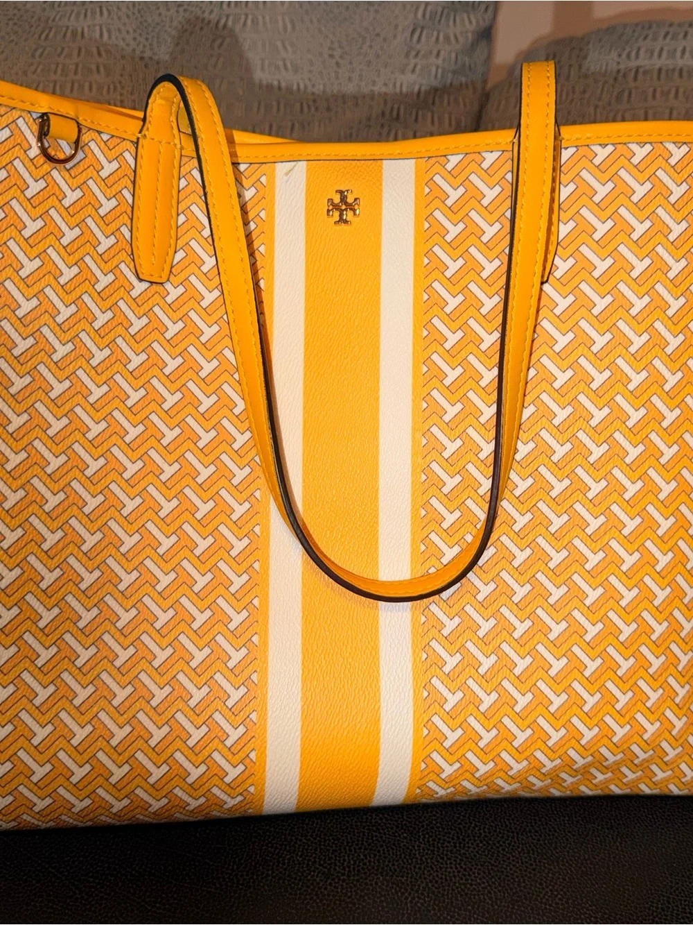 Tory Burch Gemini Link Canvas Tote  Yellow and White Striped