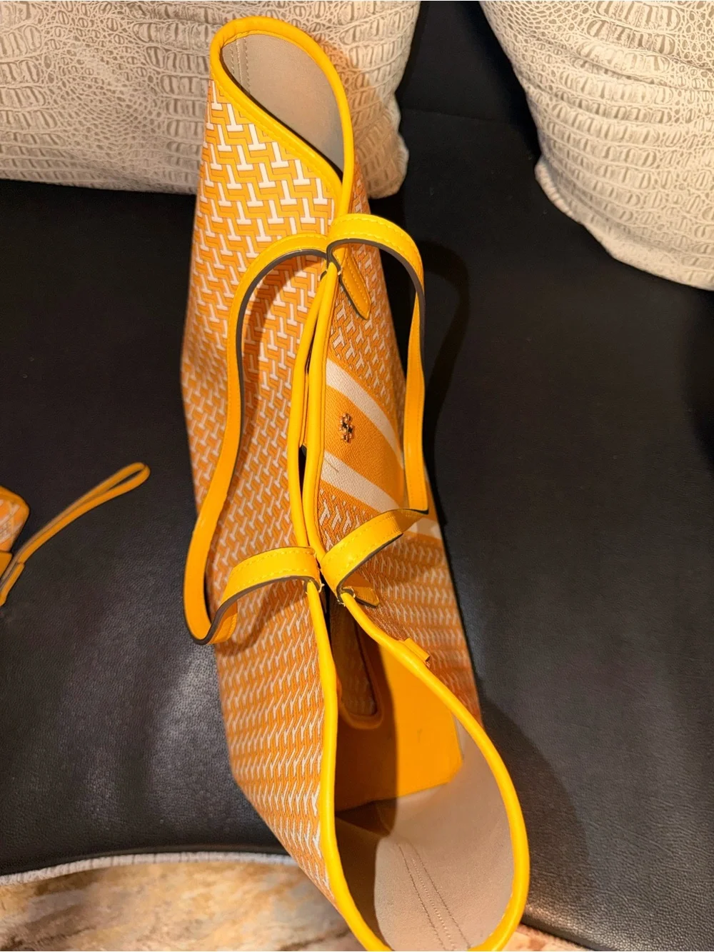 Tory Burch Gemini Link Canvas Tote  Yellow and White Striped