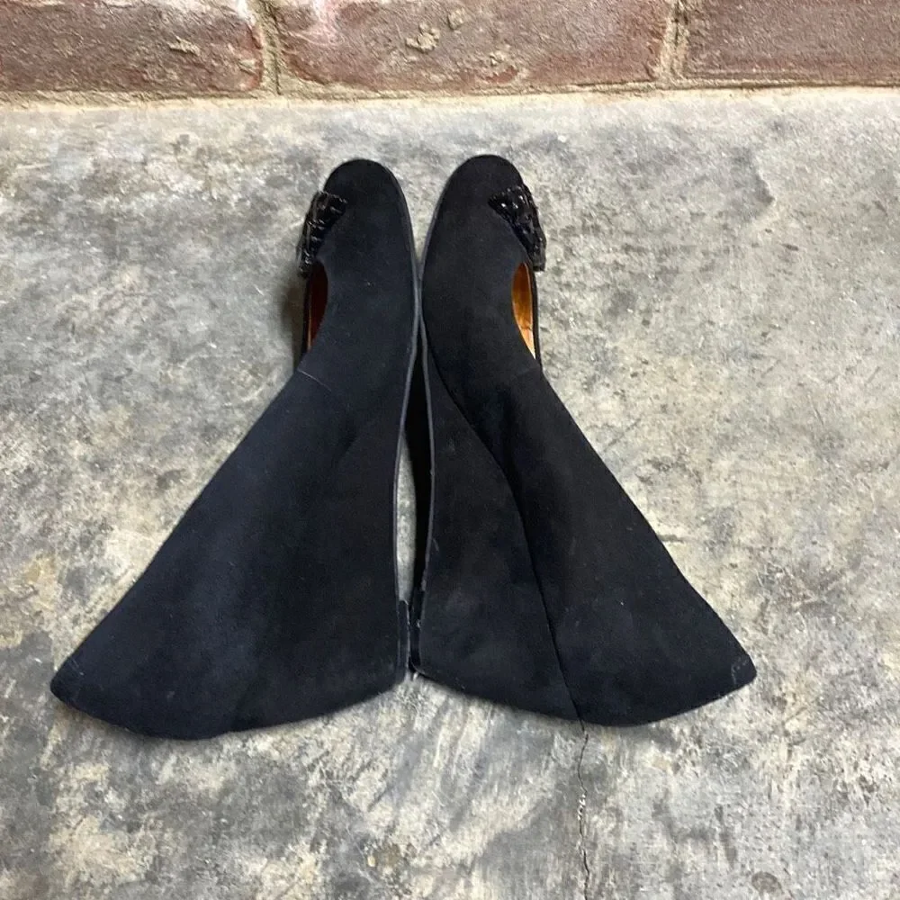BCBG Black Suede Jeweled Wedge Size 7.5