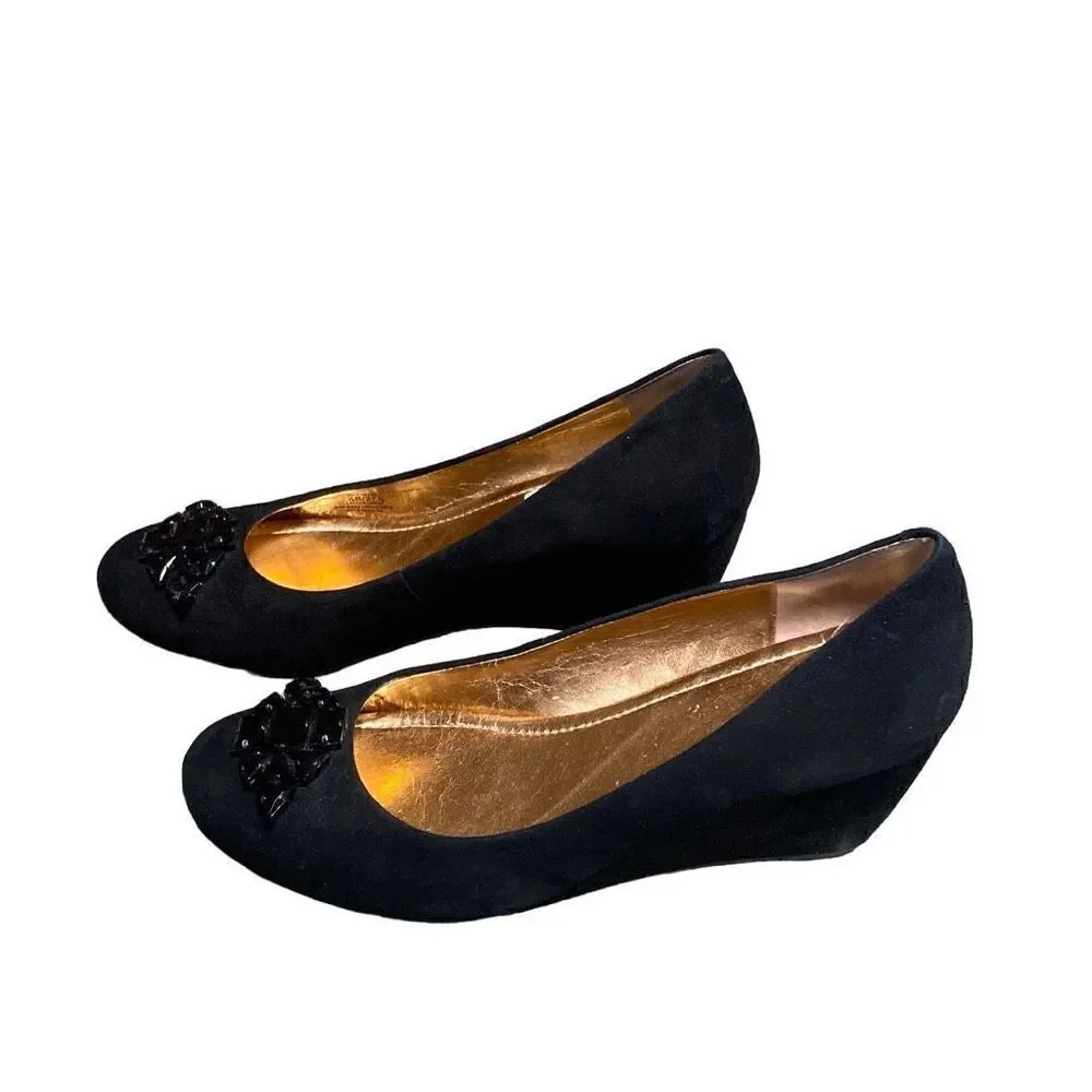 BCBG Black Suede Jeweled Wedge Size 7.5