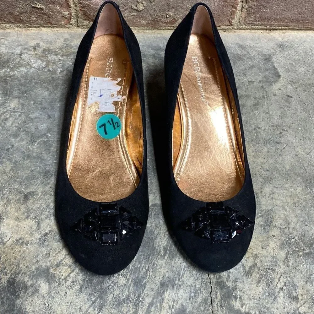BCBG Black Suede Jeweled Wedge Size 7.5