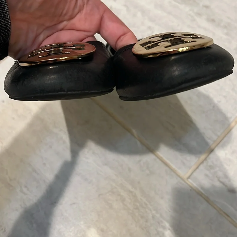 Tory Burch Black Leather Ballet Flats with Gold Logo Medallions