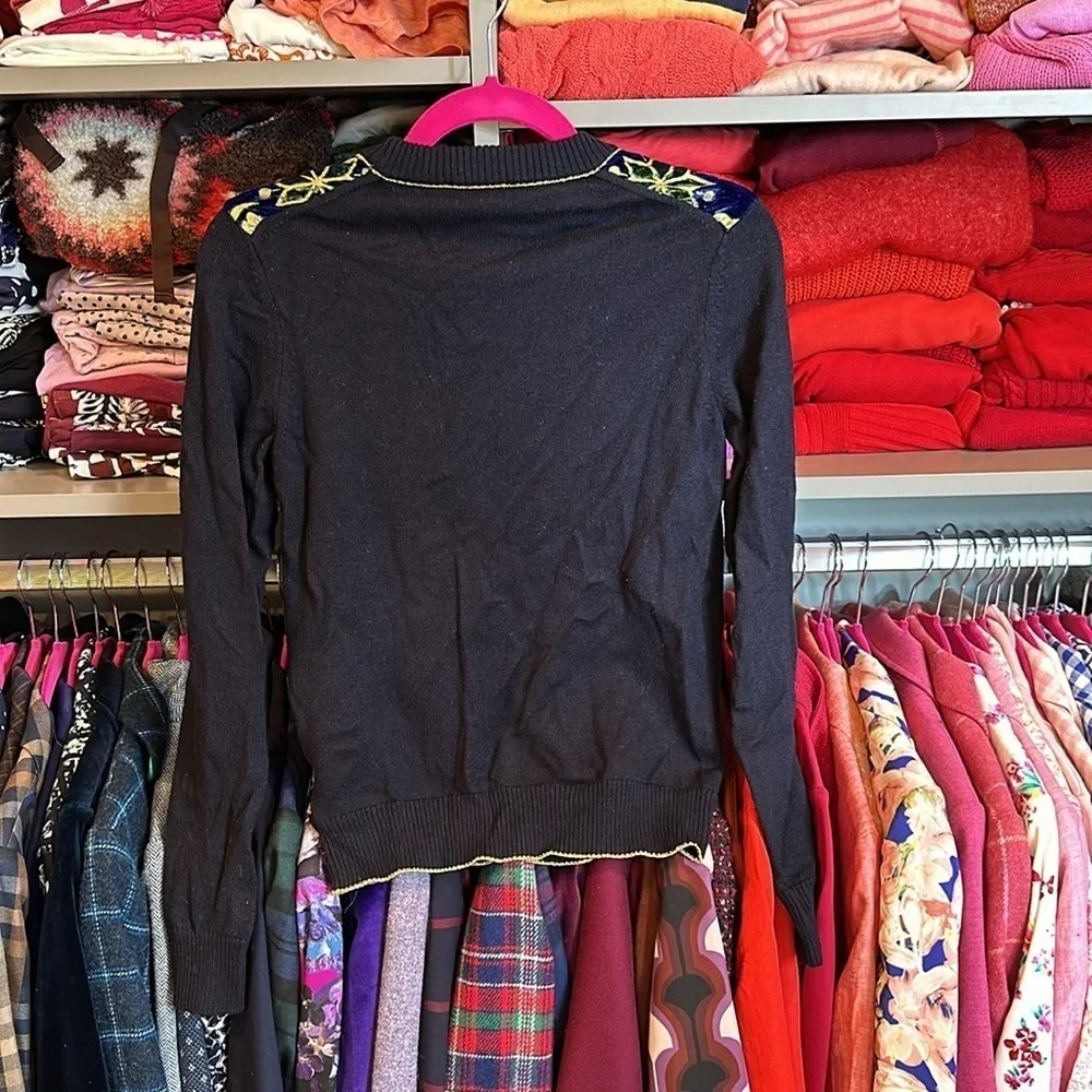 Tory Burch blue crushed velvet with gold flowers long sleeved navy sweater XS​
