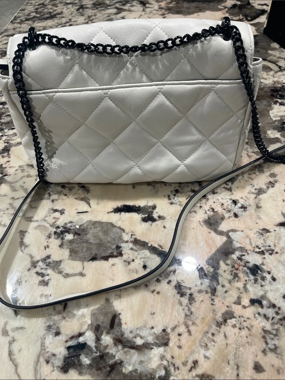 DKNY White Quilted Leather Crossbody with Black Chain Strap