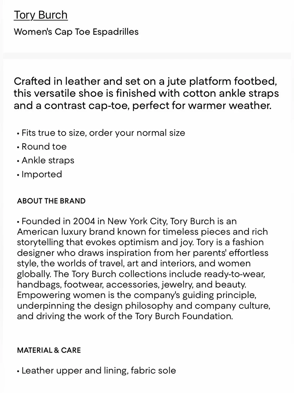 NIB Tory Burch Women's Cap Toe Espadrilles