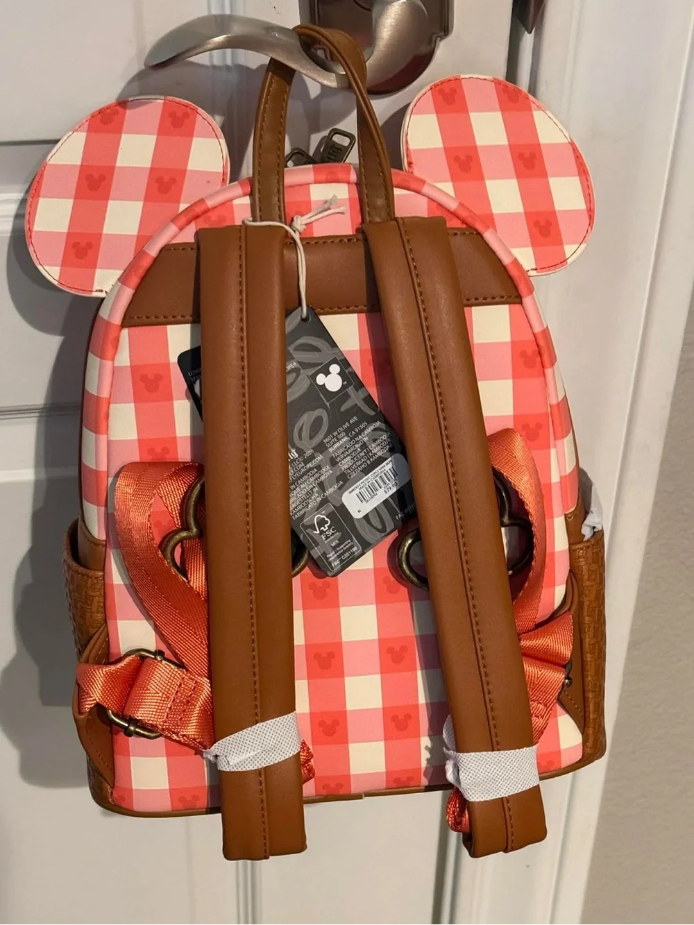 Loungefly Pink Gingham Mickey Ear Mini Backpack with Brown Accents