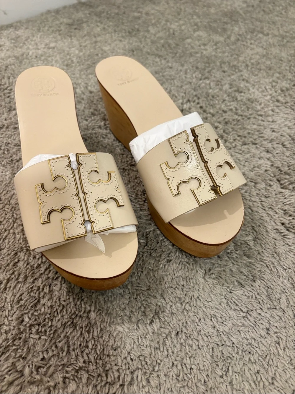Tory Burch Beige Leather Logo Platform Slides