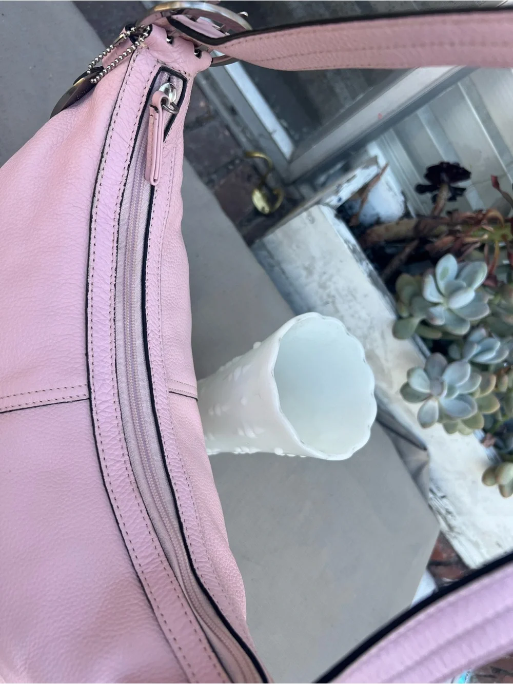 Soft Pink Pebbled Leather Shoulder Bag with Buckle Detail