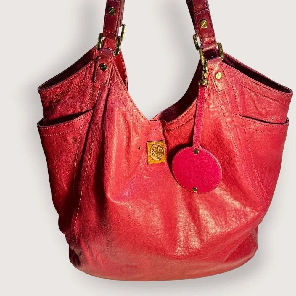 TORY BURCH Louisa Calfskin Leather Slouch Bag Pink Rose Red Merlot Large READ