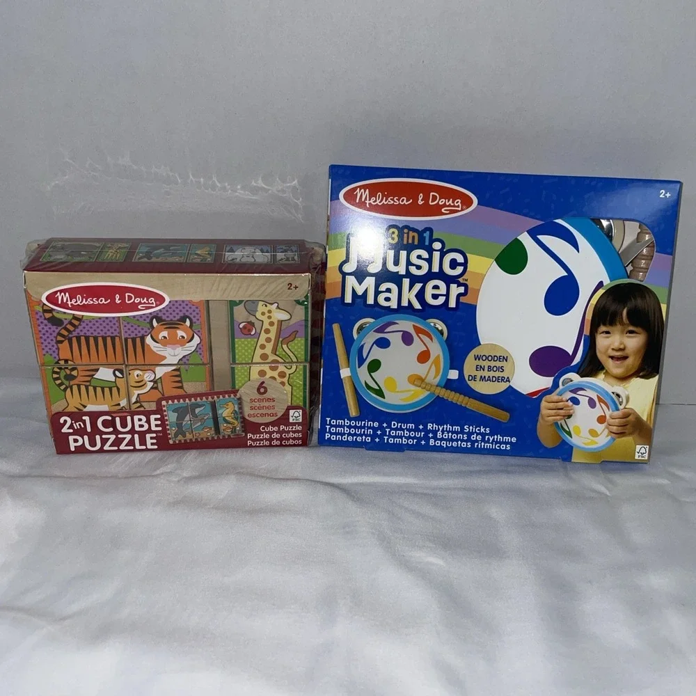 Melissa & Doug Wooden Toy Bundle 3-in-1 Music Maker and 2-in-1 Cube Puzzle New