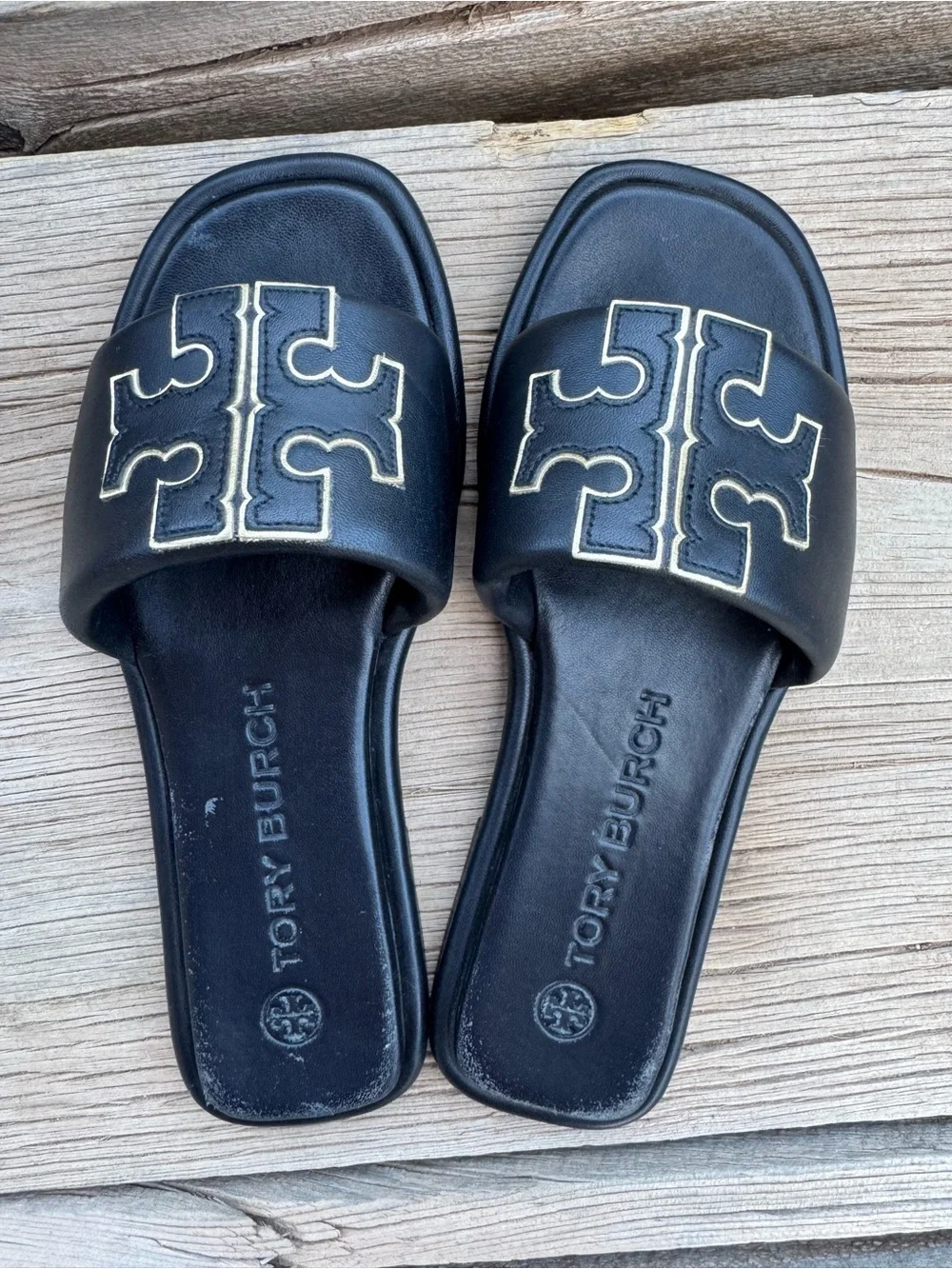 Tory Burch Black Slides with Gold Logo Stitching
