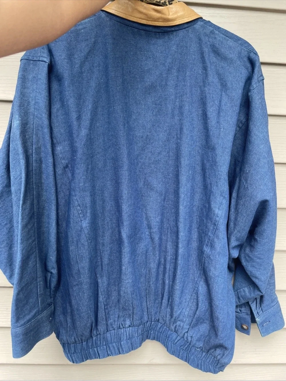 Karen Kane Blue Denim Bomber Jacket with Tan Leather Collar