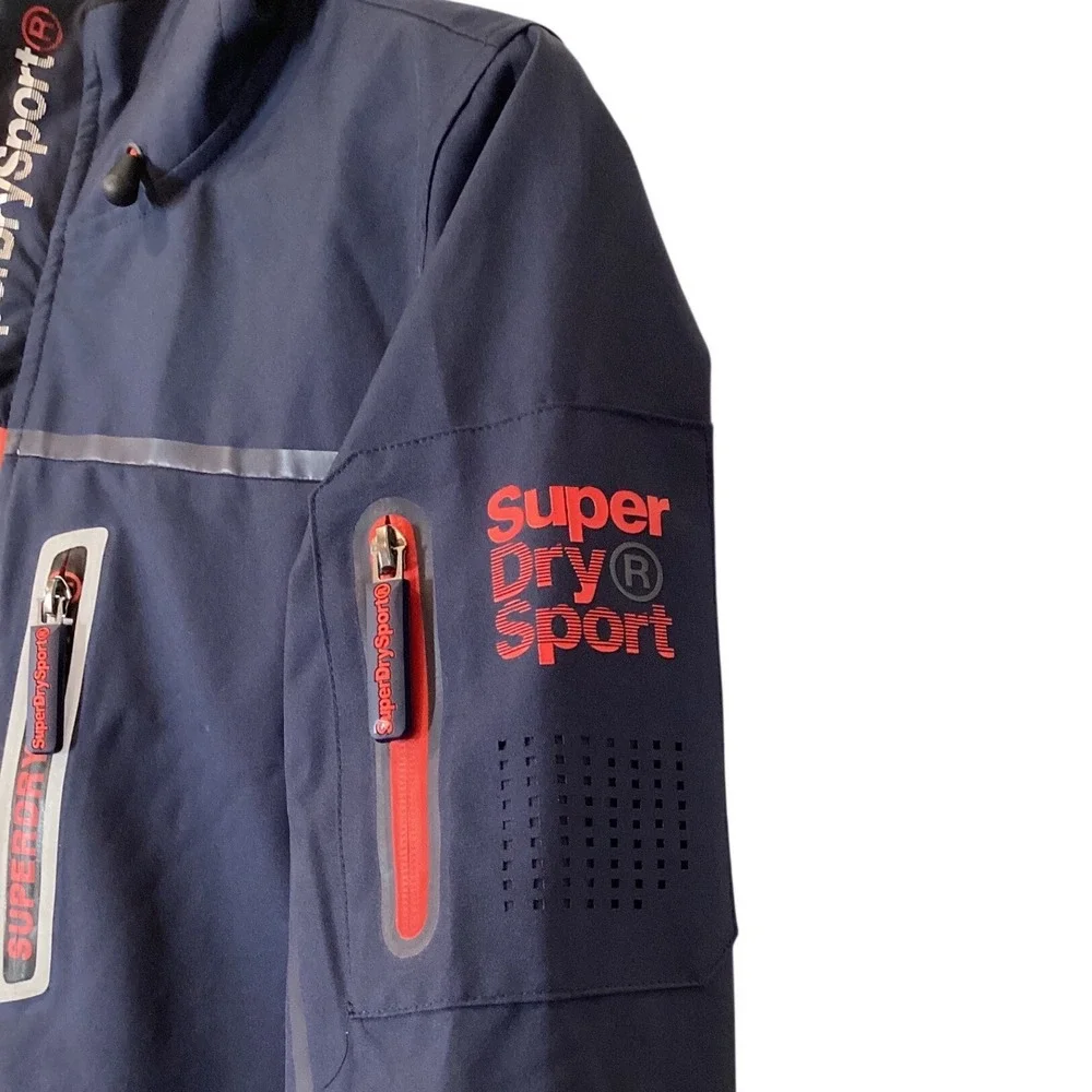 Superdry Sport Tracker Hooded Windcheater Jacket Waterproof Navy Blue Red Small