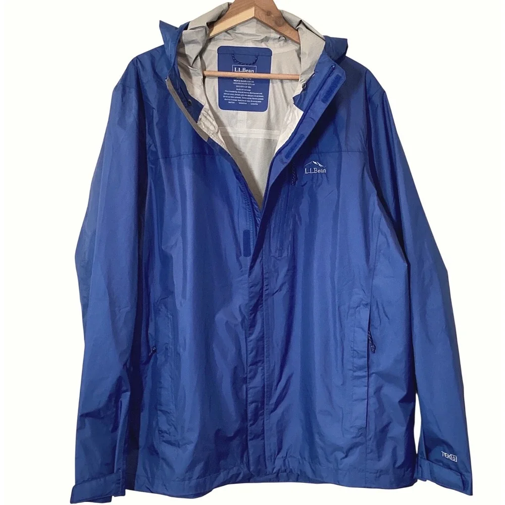 LL Bean Mens Trail Model Rain Jacket Tek 2.5 Waterproof Blue Hooded  - XXL NWOT
