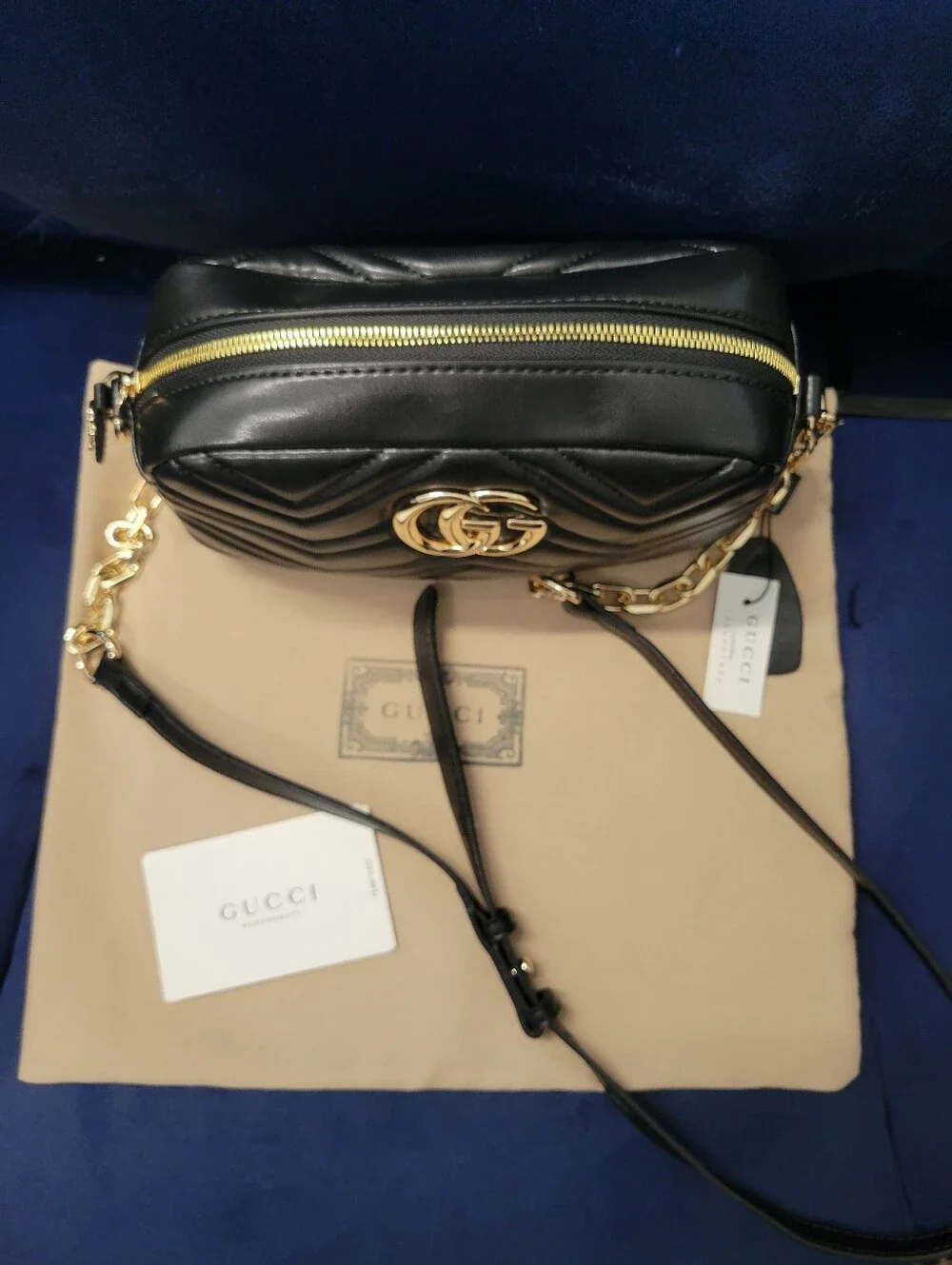 Black Chevron Matelassé Leather Crossbody with Gold Double G